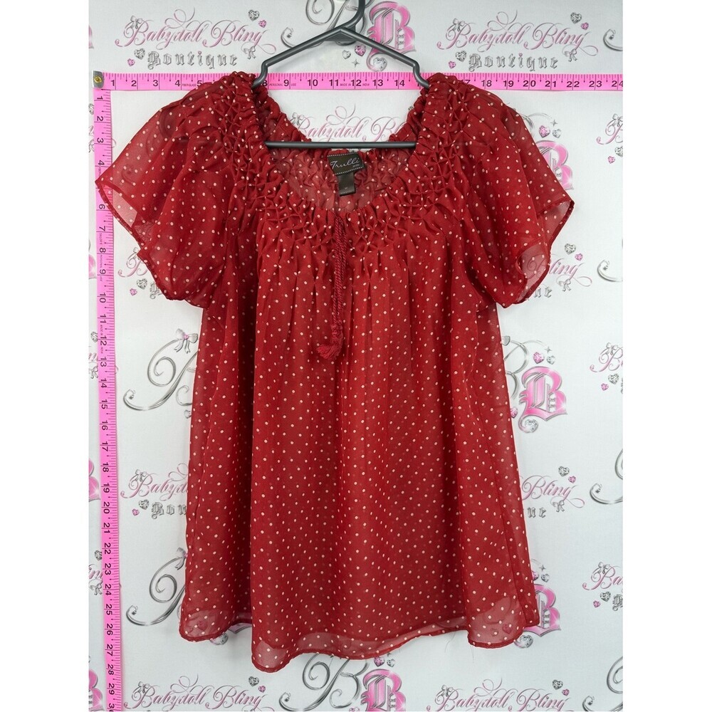 Trulli T-shirt blouse milkmaid tassel tie up Red Polka Dot Peasant Blouse